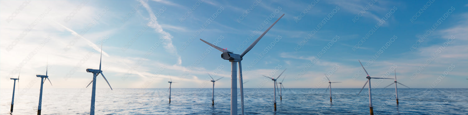 Wind Turbines. Offshore Wind Farm at Dusk. Renewable Power Concept.