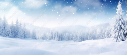 Beautiful winter background of snow and blurred forest in background, Gently falling snow flakes against blue sky, free space for your decoration. for your decorations. Wide panorama format.
