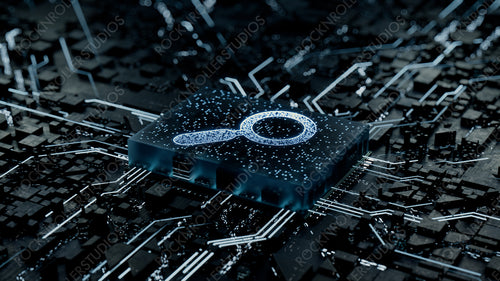 Search Technology Concept with Magnifier symbol on a Microchip. Data flows from the CPU across a Futuristic Motherboard. 3D render.