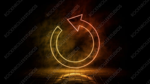 Orange and yellow neon light refresh icon. Vibrant colored technology symbol, isolated on a black background. 3D Render