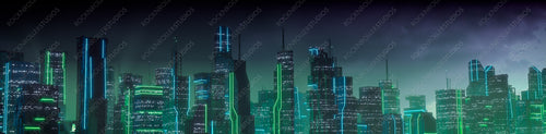 Sci-fi Cityscape with Green and Blue Neon lights. Night scene with Futuristic Architecture.