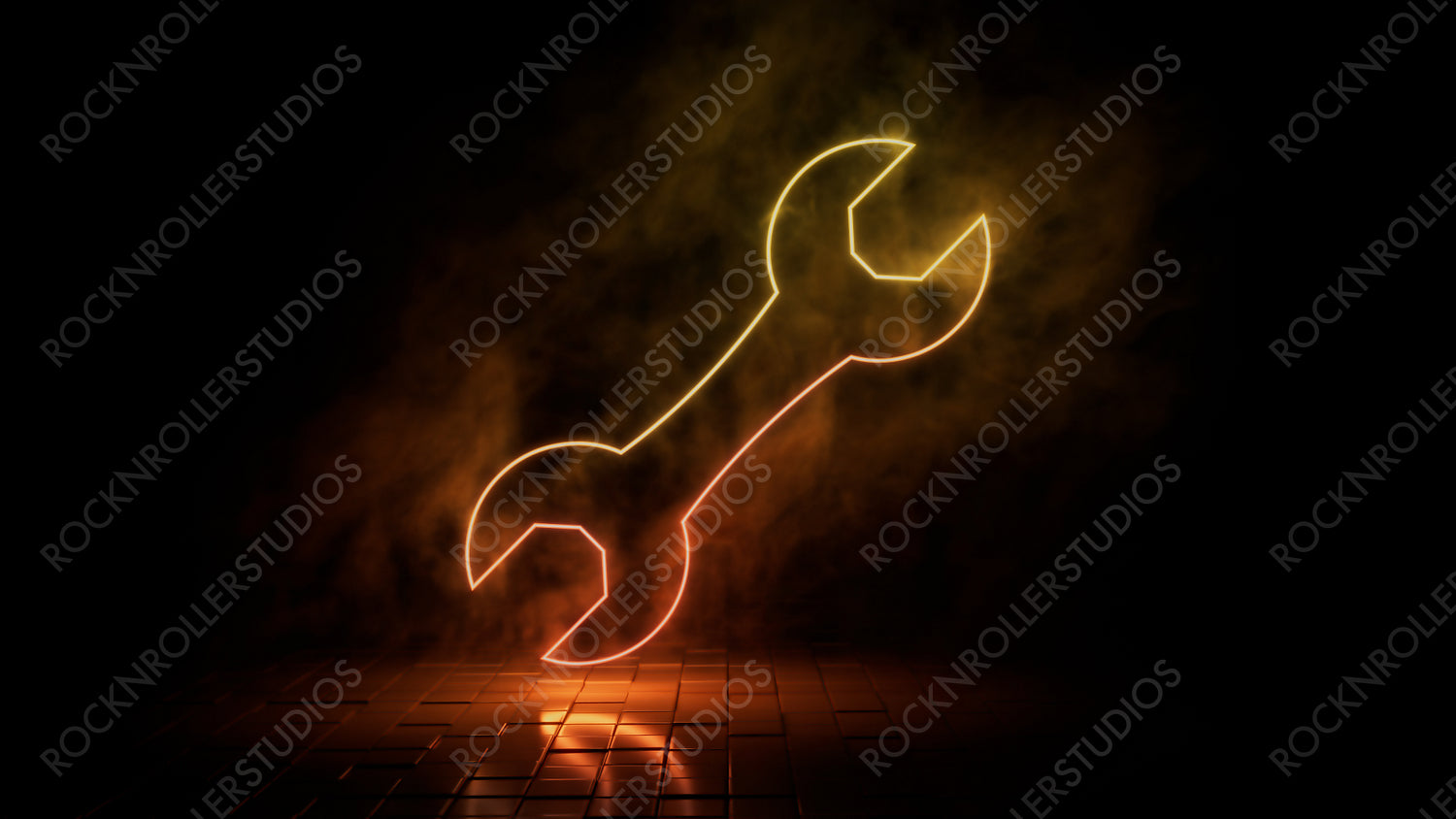 Orange and yellow neon light tool icon. Vibrant colored technology symbol, isolated on a black background. 3D Render