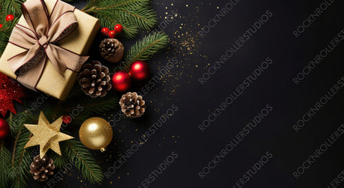 Christmas dark black background with beautiful texture and Golden gift box with ribbon, fir branches, cones, stars, top view, copy space.