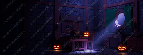 Magical Halloween Room Illustration with Illuminated pumpkins, Table and Candles. Halloween background with copy-space.