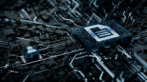 Word document Technology Concept with document symbol on a Microchip. White Neon Data flows between the CPU and the User across a Futuristic Motherboard. 3D render.