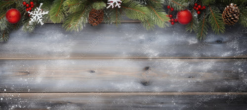 Christmas Fir Tree on Wooden Background with Snowflakes