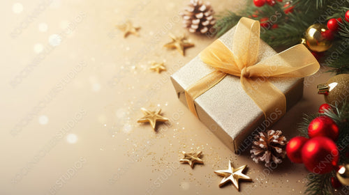 Christmas light gold background with beautiful Golden gift box with ribbon, fir branches, cones, stars, top view, selective focus, copy space.