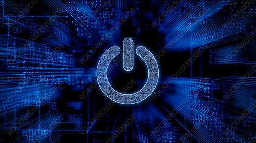 Activate Technology Concept with power symbol against a Futuristic, Blue Digital Grid background. Network Tech Wallpaper. 3D Render