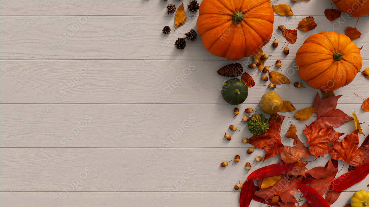 Harvest Background including Pumpkins, Pine cones, Autumn leaves and Fruits.