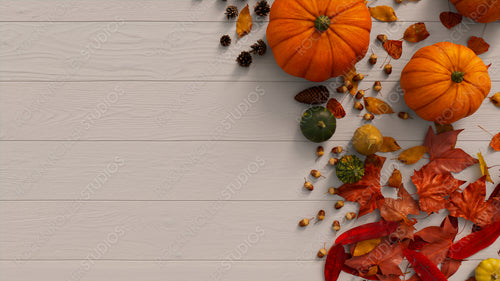 Harvest Background including Pumpkins, Pine cones, Autumn leaves and Fruits.