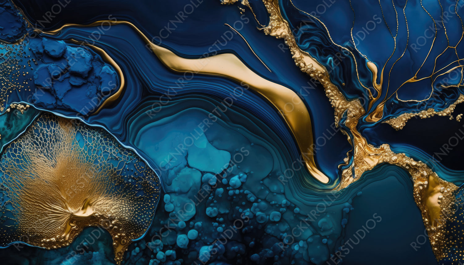 Luxurious Marbling Wallpaper. Liquid Swirls in Beautiful Navy Blue colors, with Gold Powder. Generative AI.
