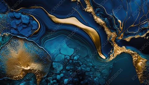 Luxurious Marbling Wallpaper. Liquid Swirls in Beautiful Navy Blue colors, with Gold Powder. Generative AI.