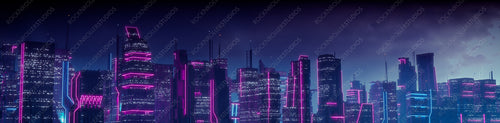 Cyberpunk Metropolis with Blue and Pink Neon lights. Night scene with Advanced Superstructures.