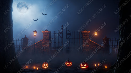 Halloween Scene with Spooky Churchyard Gate and Jack O' Lanterns.