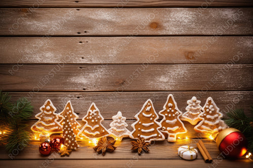 Christmas Decorations with Cookies on Wooden Background