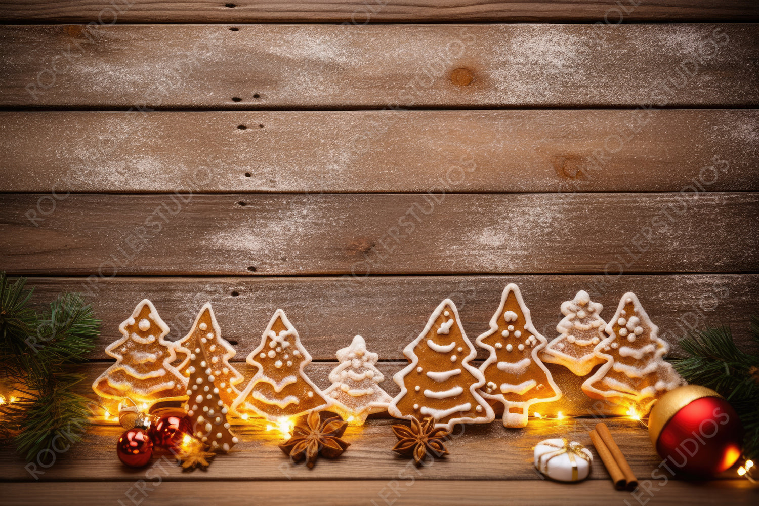 Christmas Decorations with Cookies on Wooden Background