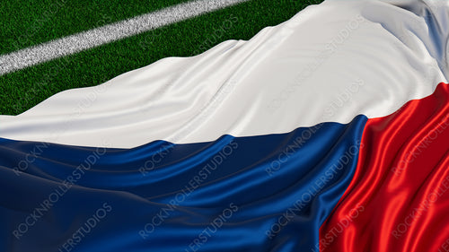 Flag of Czech Republic on a Sports field. Grass Pitch with a Czech Flag. Euro 2020 Soccer Wallpaper.