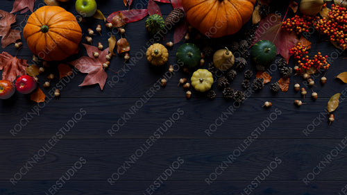 Harvest Wallpaper including Gourds, Acorns, Fall leaves and Fruits.
