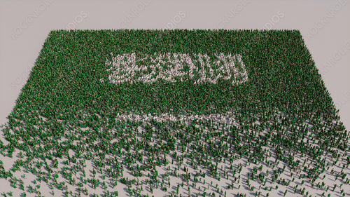 A Crowd of People gathering to form the Flag of Saudi Arabia. Saudi Arabian Banner on White.