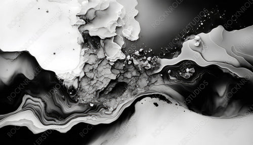 Flowing Modern Design Background in Beautiful Black and White colors. Liquid texture with White Particles. Generative AI.