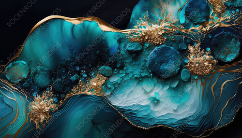 Flowing Modern Design Wallpaper in Beautiful Teal and Blue colors. Paint texture with Gold Powder. Generative AI.