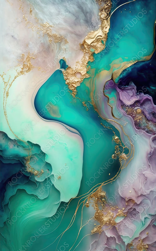 Beautiful White and Pastel Liquid Swirls with Gold Powder. Modern Design Background. Generative AI.