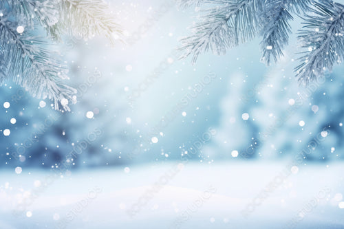 Beautiful winter background image of frosted spruce branches and small drifts of pure snow with space for text.