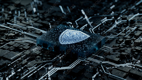 Security Technology Concept with shield symbol on a Microchip. Data flows from the CPU across a Futuristic Motherboard. 3D render.