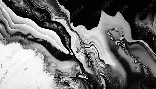 Abstract Art Wallpaper. Liquid Swirls in Beautiful Black and White colors, with White Particles. Generative AI.