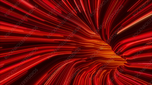 Red, Orange and White Colored Streaks form Wavy Swoosh Tunnel. 3D Render.