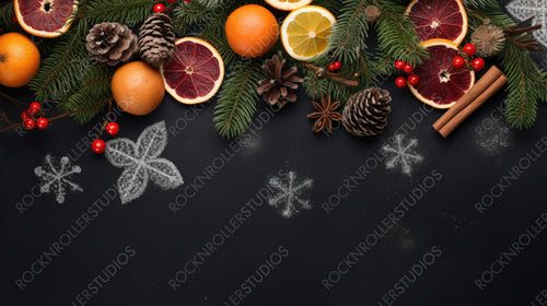 Festive Christmas greeting card with fir branches decorated with natural dried decor of oranges, cinnamon sticks, fir cones and red berries. Dark black textured background with copy-space.