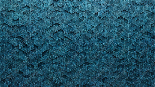 Textured, Glazed Mosaic Tiles arranged in the shape of a wall. Diamond Shaped, Blue Patina, Blocks stacked to create a 3D block background. 3D Render