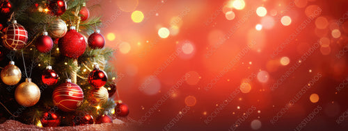 Christmas Tree with Ornament and Bokeh Lights on Warm Background