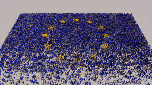 A Crowd of People coming together to form the Flag of Europe. European Banner on White.