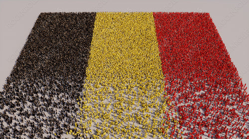 Aerial view of a Crowd of People, congregating to form the Flag of Belgium. Belgian Banner on White Background.