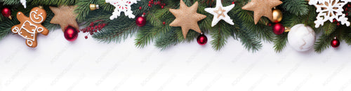 Festive Christmas border - green fir branches decorated with ginger Christmas glazed cookies banner format,  isolated on white.