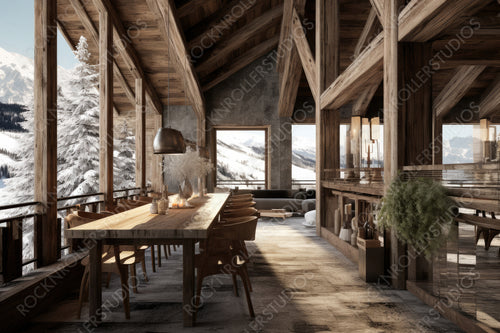 Stylish Interior Design Background. Rustic Ski Chalet. Generative AI.