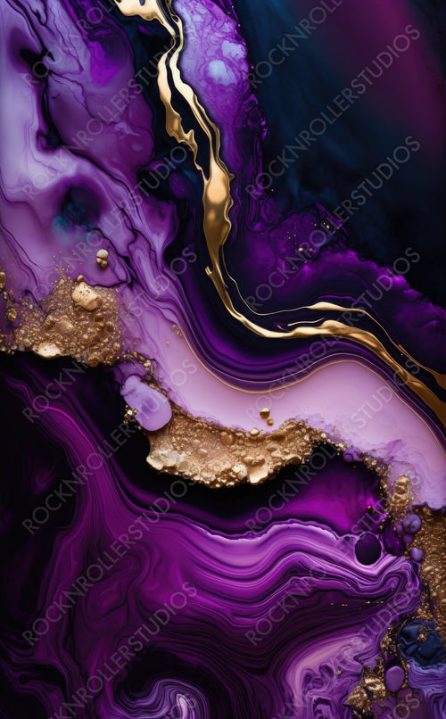 Abstract Art Background. Paint Swirls in Beautiful Purple and Black colors, with Gold Powder. Generative AI.