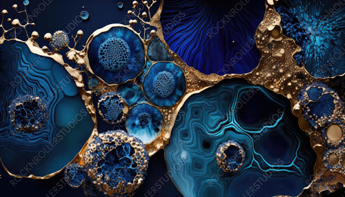 Flowing Elegant Acrylic Pour Wallpaper in Beautiful Navy Blue colors. Paint texture with Gold Glitter. Generative AI.