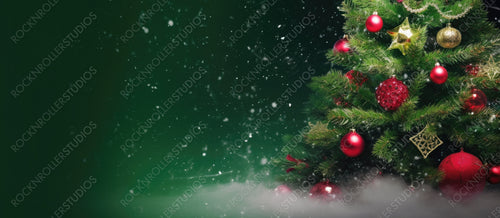 Beautiful green elegantly decorated Christmas tree on an evening dark red background with flying snow fluffs. Bright colorful artistic image,  copy space.