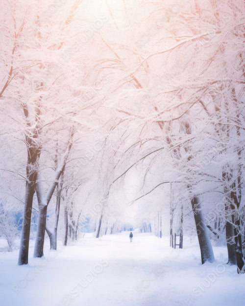 Beautiful alley in the park in winter with trees covered with snow and hoar frost. Girl in distance walking. Beautiful artistic image of winter. Tinted blue and pink.