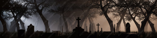 Pale Halloween Background with Cemetery in a Thick Mist. Atmospheric Night Scene with Trees and Gravestones.
