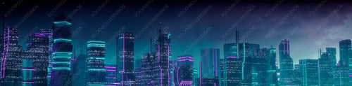 Futuristic Metropolis with Purple and Cyan Neon lights. Night scene with Advanced Superstructures.