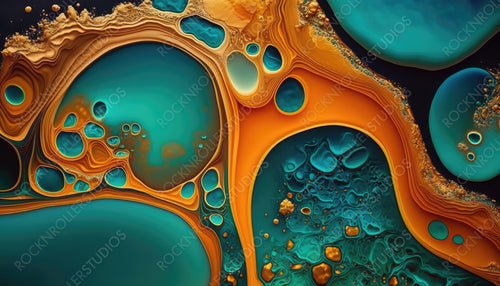 Beautiful Teal and Orange Liquid Swirls with Gold Glitter. Contemporary Design Wallpaper. Generative AI.