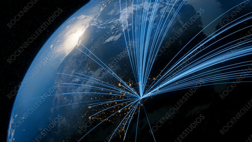Earth in Space. Blue Lines connect Washington, USA with Cities across the World. Worldwide Travel or Business Concept.