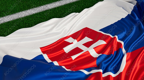 Flag of Slovakia on a Sports field. Grass Pitch with a Slovakian Flag. Euro 2020 Soccer Wallpaper.