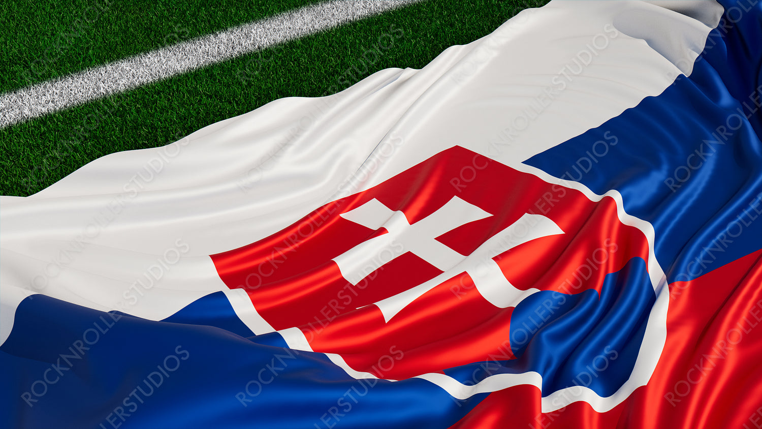 Flag of Slovakia on a Sports field. Grass Pitch with a Slovakian Flag. Euro 2020 Soccer Wallpaper.