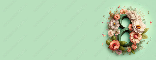 Number 8 in a Green Floral Design. Premium Botanical Banner with Flowers and copy-space, to Celebrate International Woman's Day. Generative AI