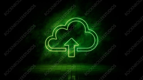 Green neon light cloud upload icon. Vibrant colored technology symbol, isolated on a black background. 3D Render