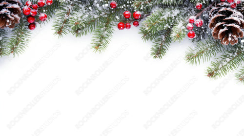 Festive Christmas border frame - green fir branches decorated with red berries and cones,covered with snow, isolated on white, copy space.